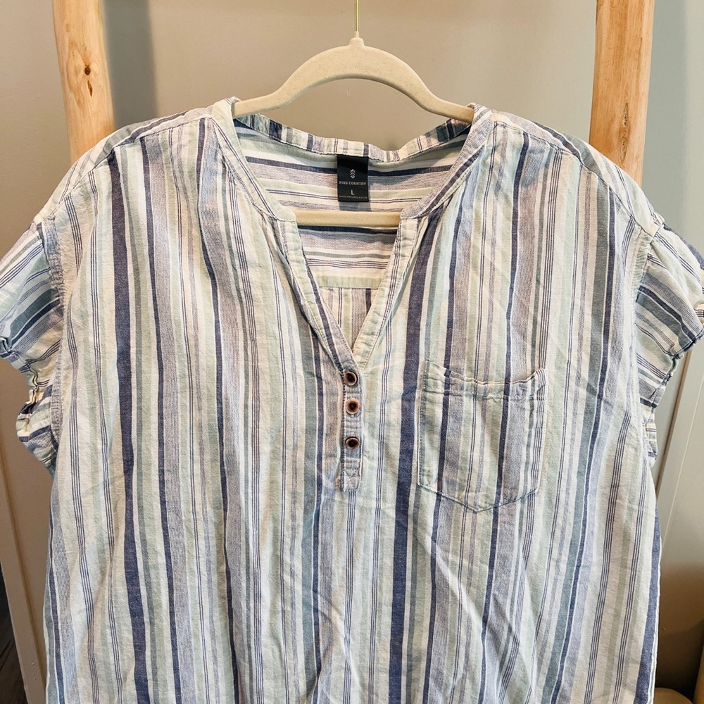 Free Country Striped Short-Sleeve Henley in Blue and White